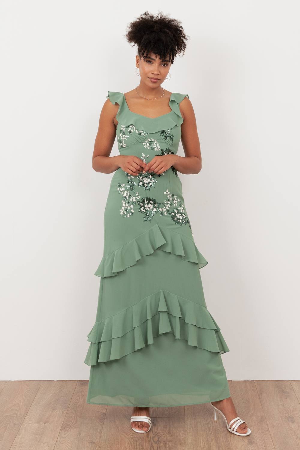 Maya Deluxe Maya Deluxe Women's Embellished Ruffle Maxi Dress in Light Green - 4