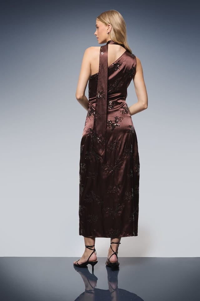 Oasis Oasis Women's Sequin Satin Tie Neck Midi Slip Dress in Chocolate - 3