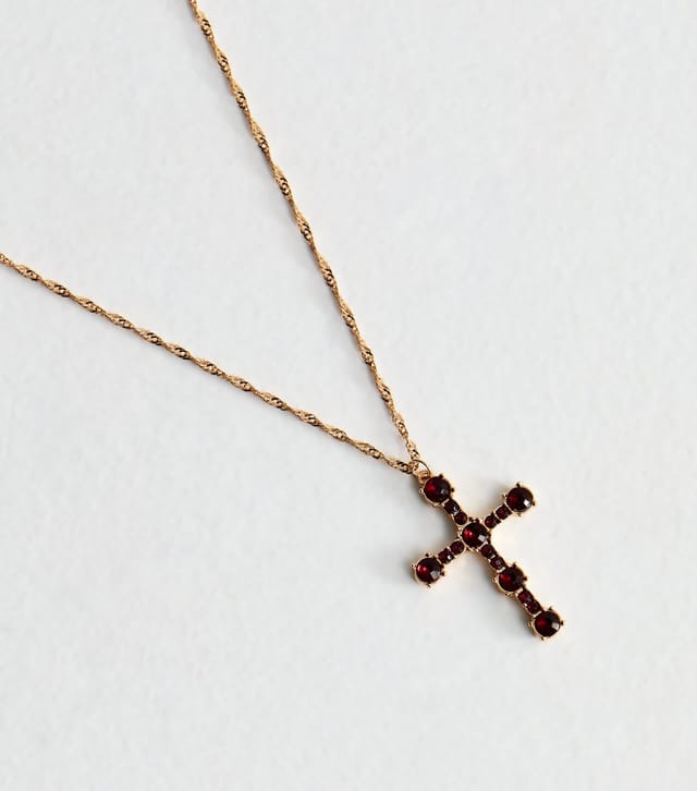 New Look Gold Tone Burgundy Cross Pendant Necklace New Look - 3