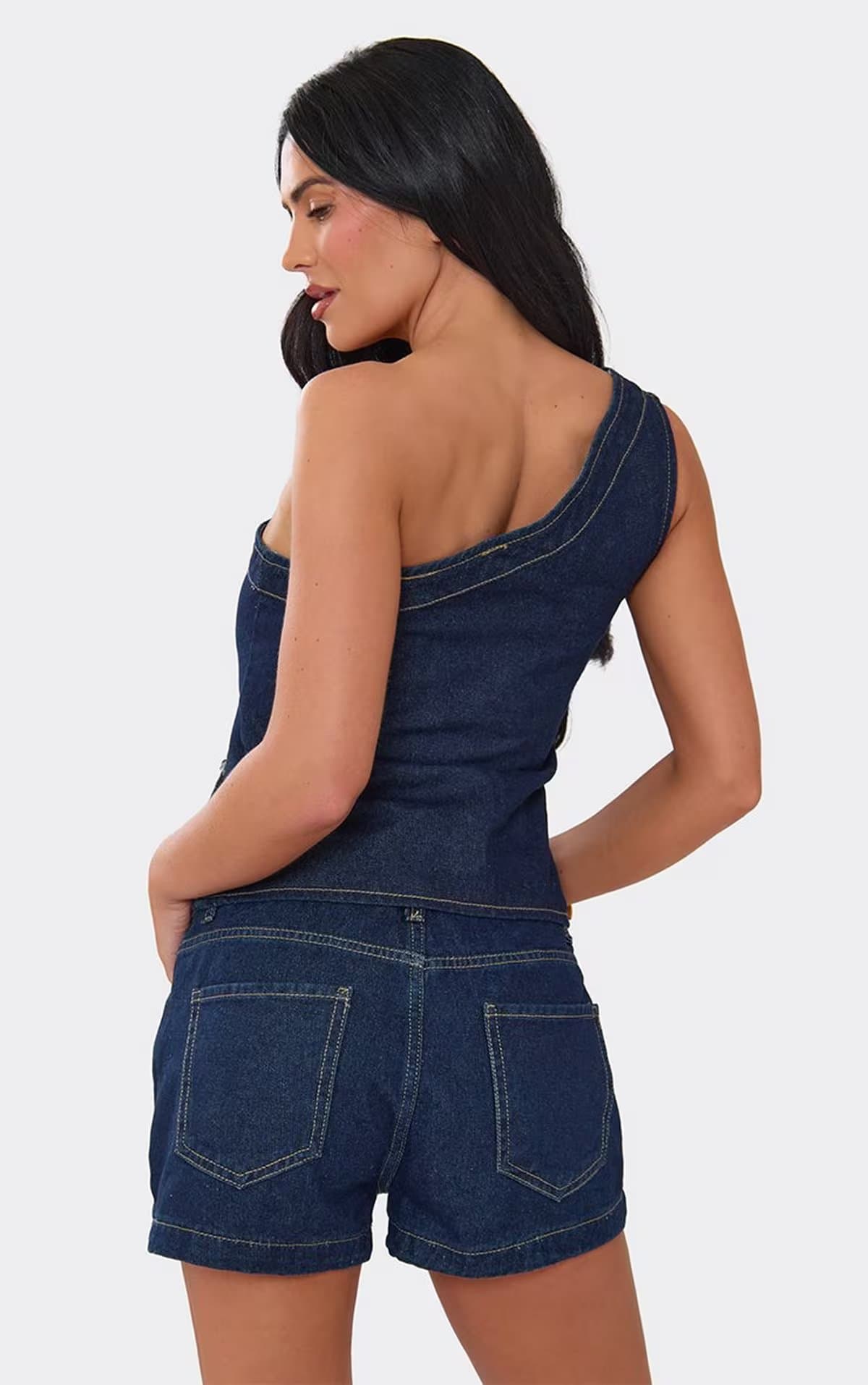 EGO One Shoulder Button Detail Top In Indigo Denim, Women's Size UK 6