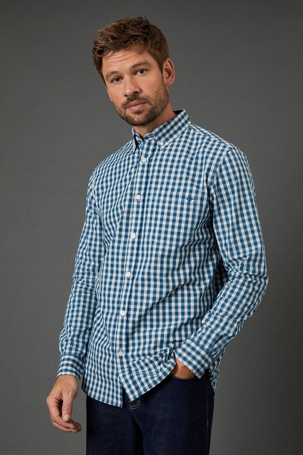 Maine Maine Men's Blue Check Long Sleeve Button Down Shirt - 2
