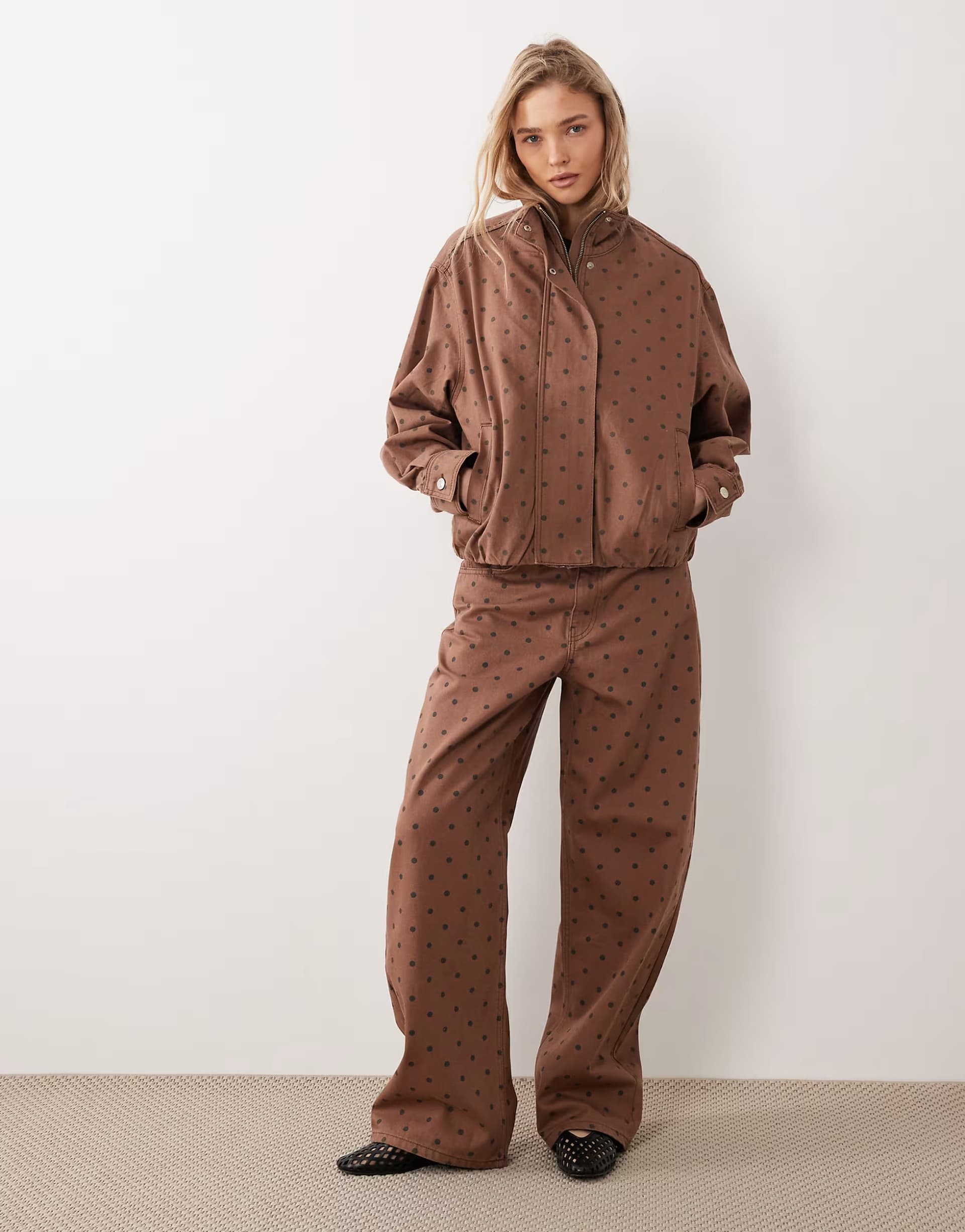 ASOS Mango Dots track jacket & jean co-ord in brown polka dot