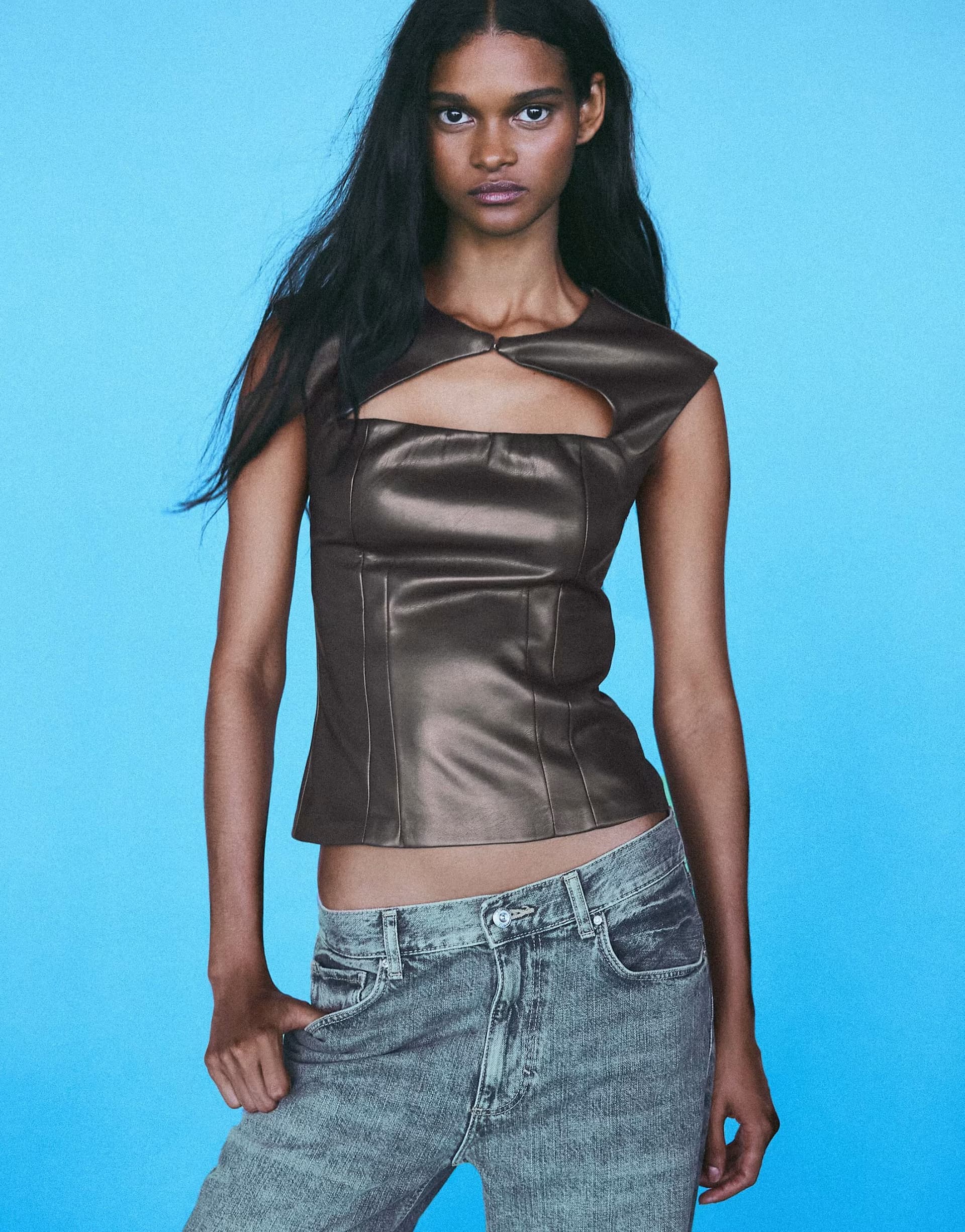 ASOS Bershka Sleeveless leather effect cut-out top in brown