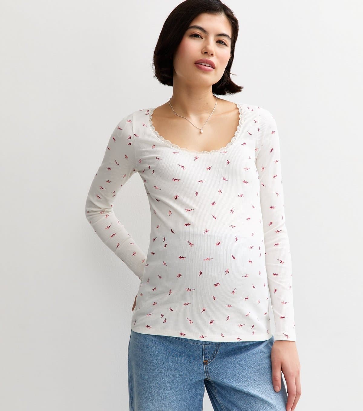 New Look Women's Maternity Cream Rib Leaf Print Long Sleeve Top New Look