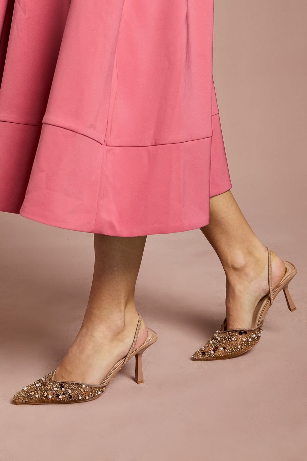 Coast Coast Women's Trinnie Faux Leather Sequin Mesh Heels in Beige