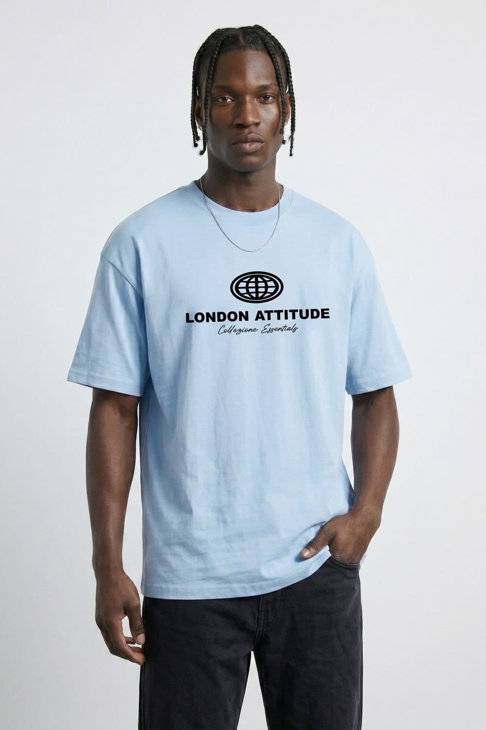 LONDON ATTITUDE LONDON ATTITUDE Men's Essential Globe Logo Premium Cotton T-Shirt in Light Blue