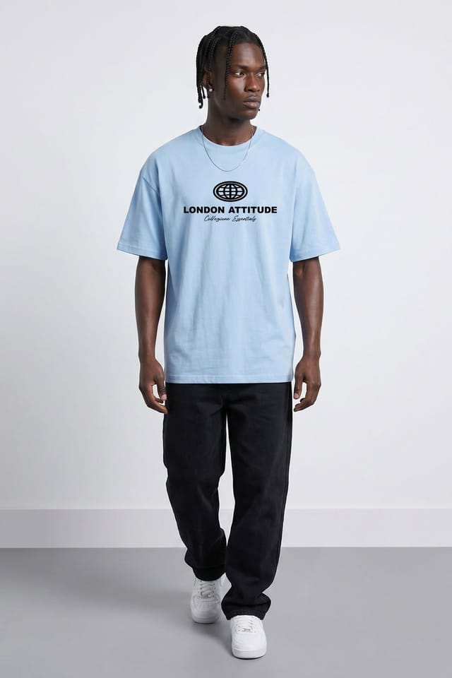 LONDON ATTITUDE LONDON ATTITUDE Men's Essential Globe Logo Premium Cotton T-Shirt in Light Blue - 3