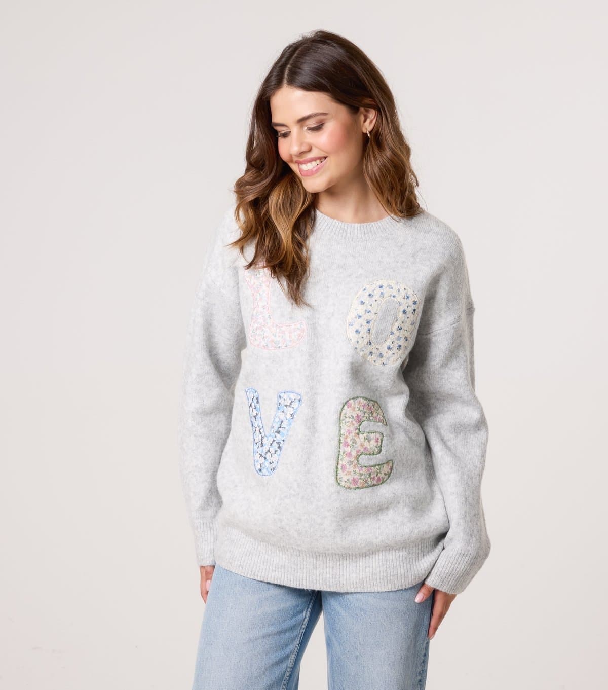 Blue Vanilla Women's Mid Grey Floral Love Appliqué Jumper Blue Vanilla New Look