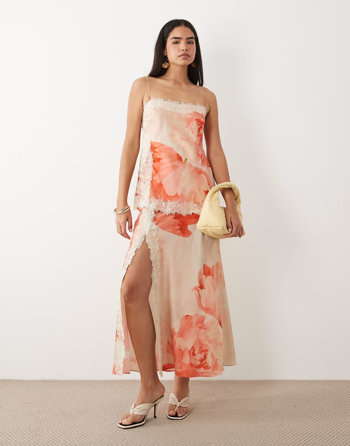 ASOS ASOS DESIGN satin cami bias double layer lace applique maxi dress in orange oversized floral print - 1