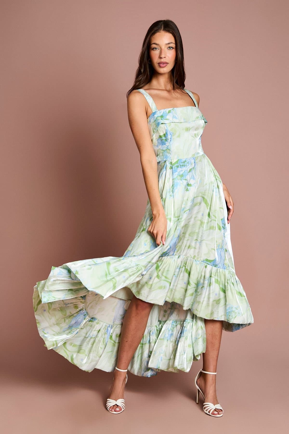 Coast Coast Women's Printed Glossy Organza Tiered Hi-Lo Maxi Dress in Green