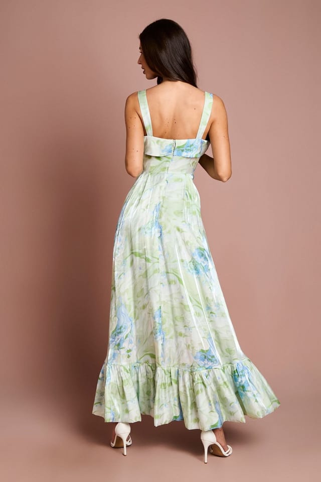 Coast Coast Women's Printed Glossy Organza Tiered Hi-Lo Maxi Dress in Green - 3