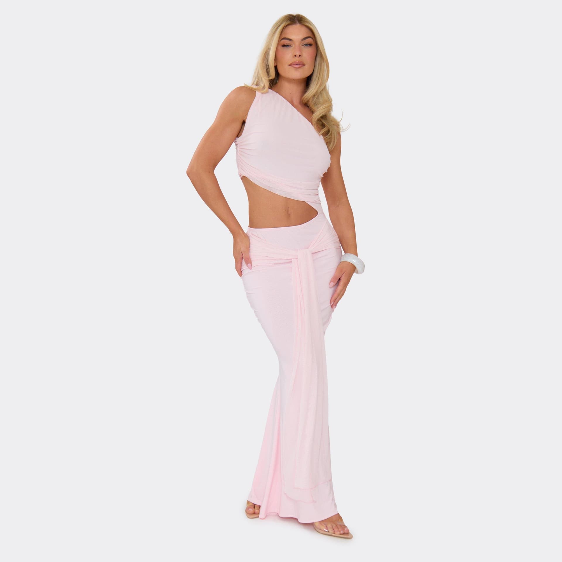 EGO One Shoulder Cut Out Side Draped Front Maxi Dress In Baby Pink, Women's Size UK 8