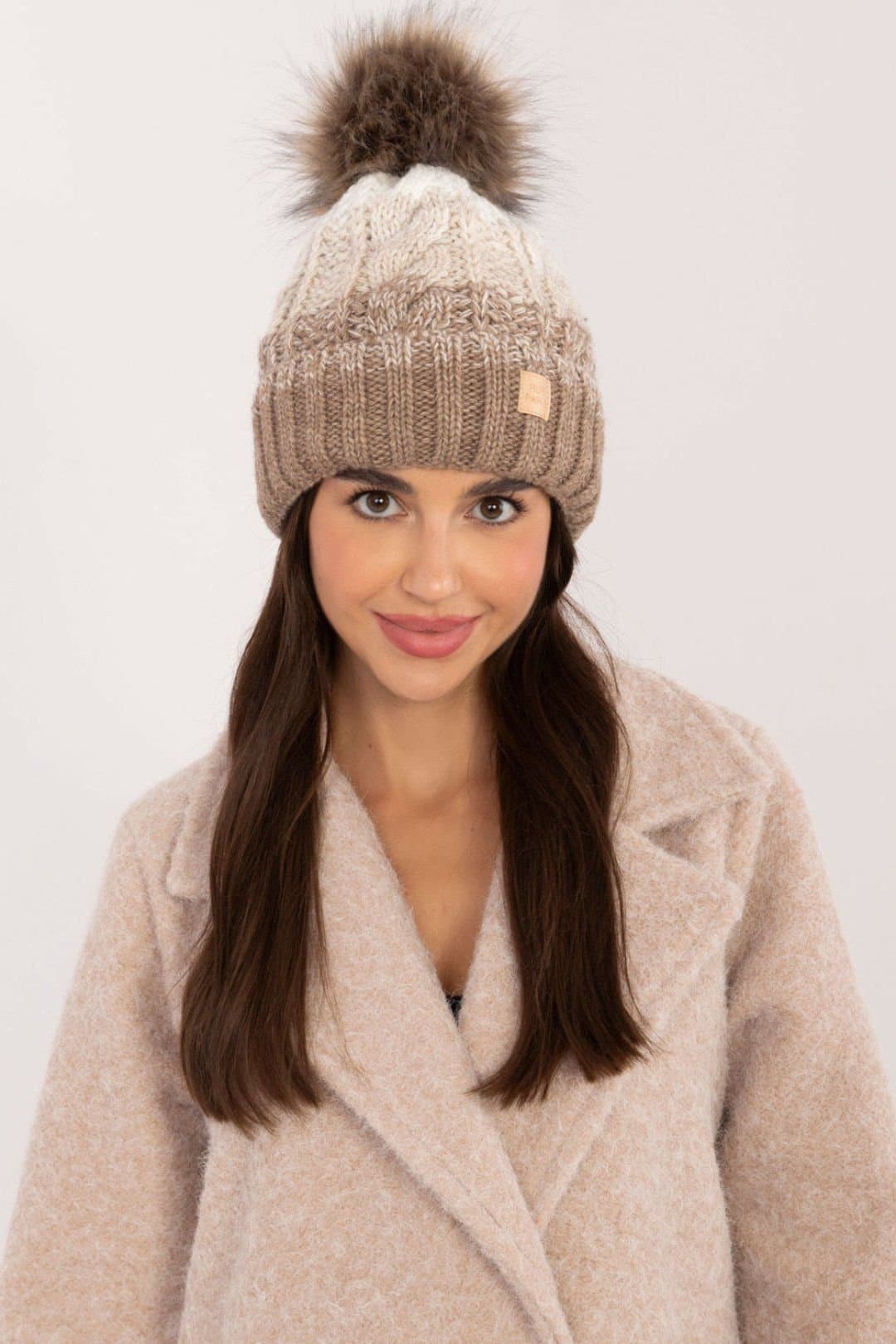 Love Lace Love Lace Women's Winter Ombre Fleece Lined Beanie with Soft Pom Pom Wool Blend in Beige