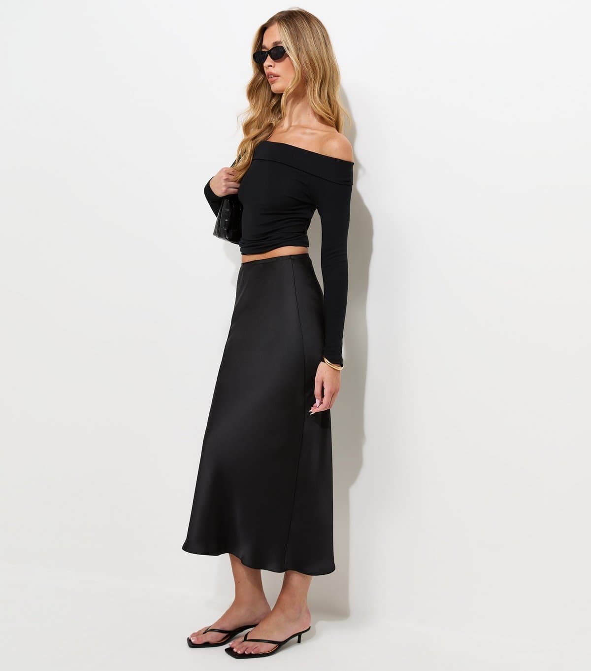New Look Women's Tall Black Satin Bias Cut Midi Skirt New Look