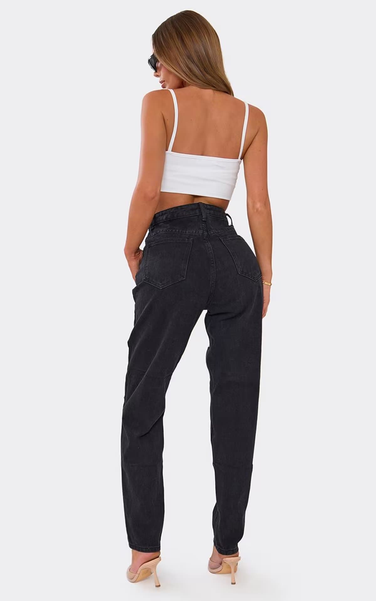 EGO High Waist Distressed Mom Jeans In Black Washed Denim., Women's Size UK 4