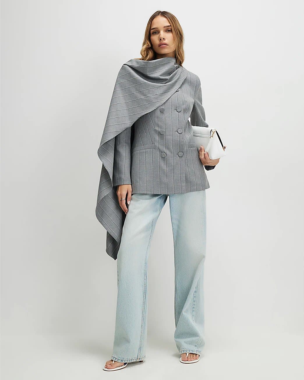 River Island River Island Womens Grey Striped Double Breasted Cape Blazer