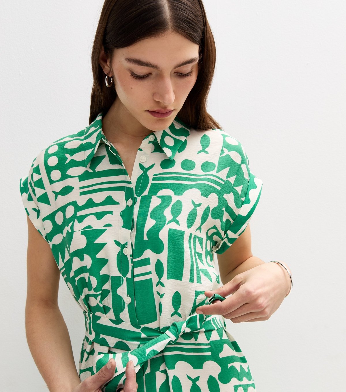 New Look Women's Green Abstract Print Short Sleeve Midi Shirt Dress New Look - 2