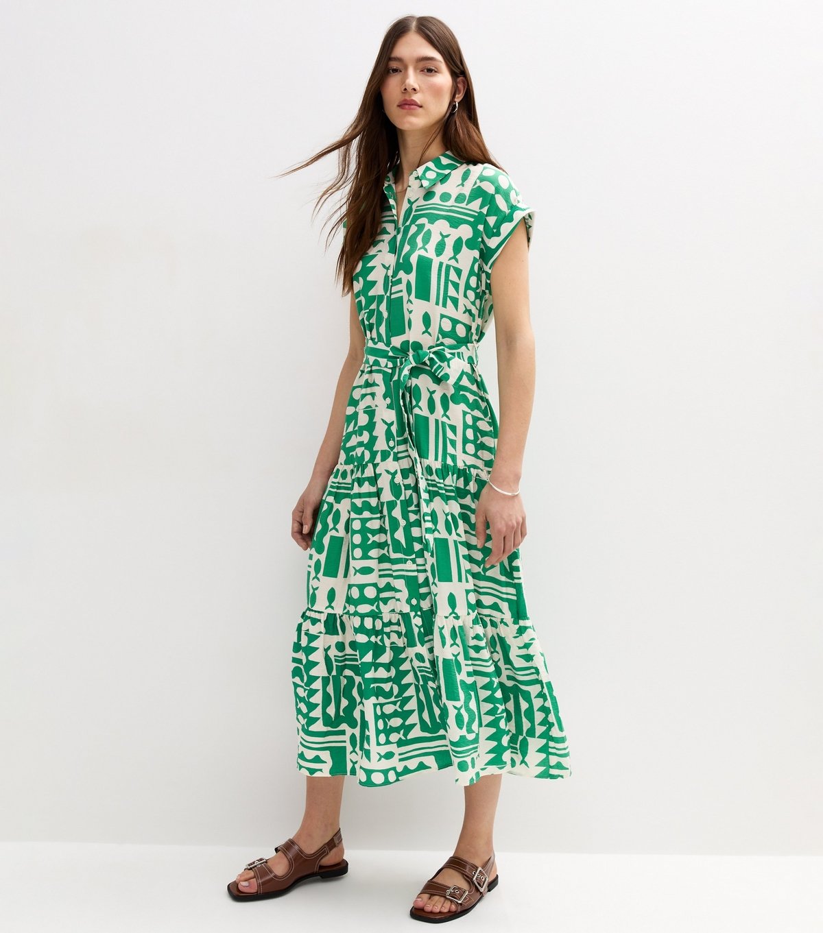 New Look Women's Green Abstract Print Short Sleeve Midi Shirt Dress New Look - 3