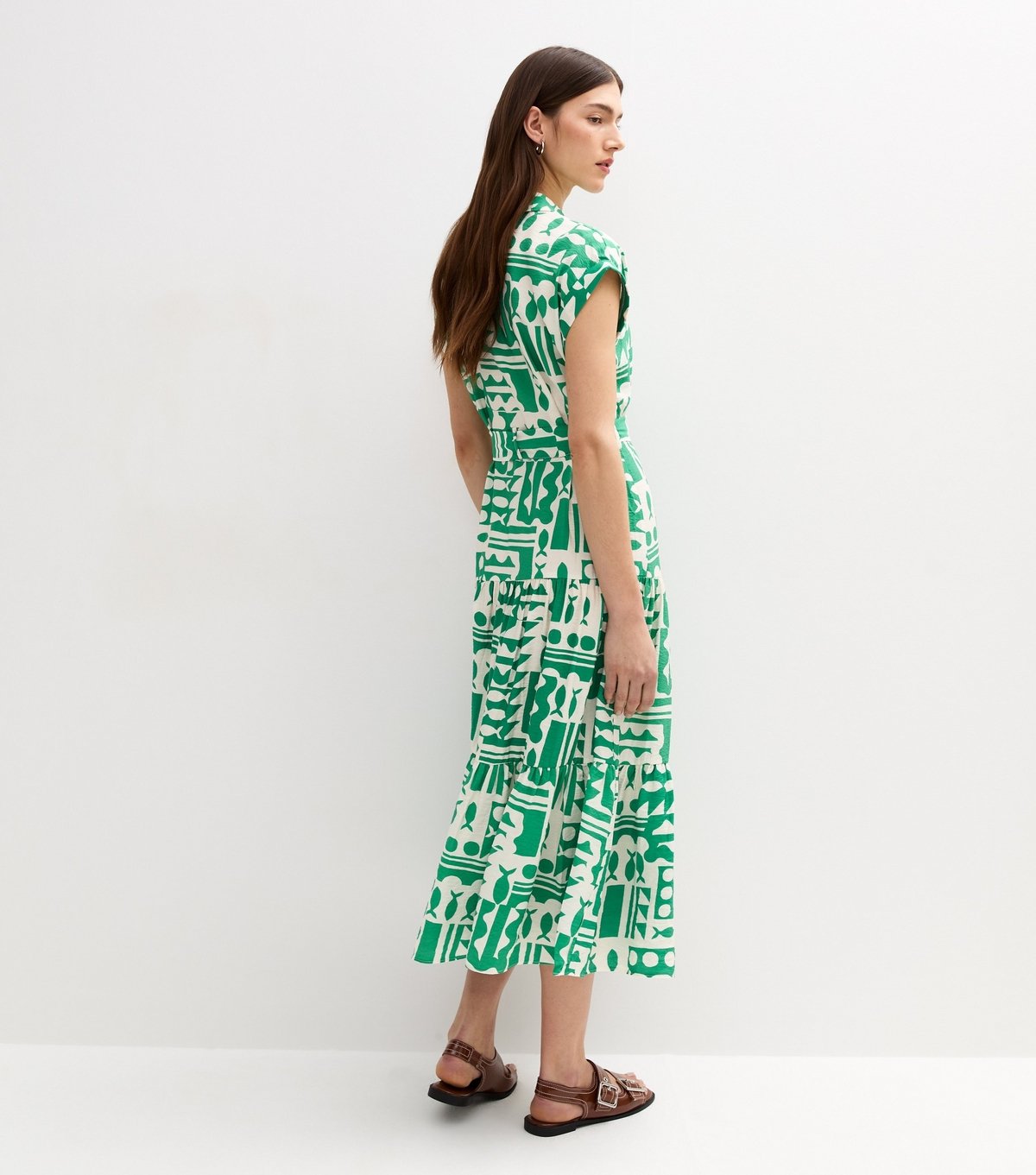 New Look Women's Green Abstract Print Short Sleeve Midi Shirt Dress New Look - 4