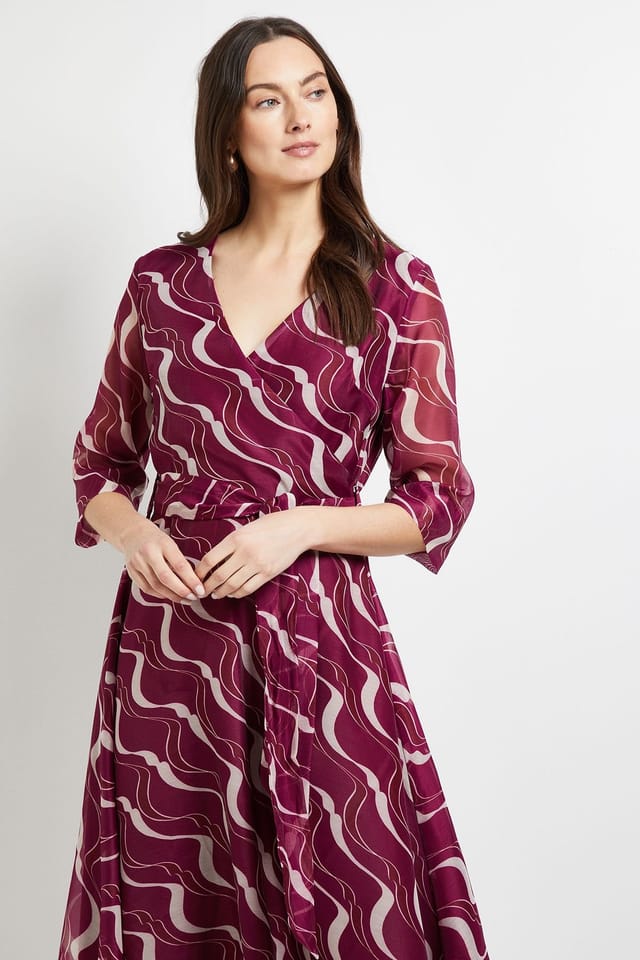 Principles Principles Women's Abstract Organza Belted Midi Dress in Berry - 2