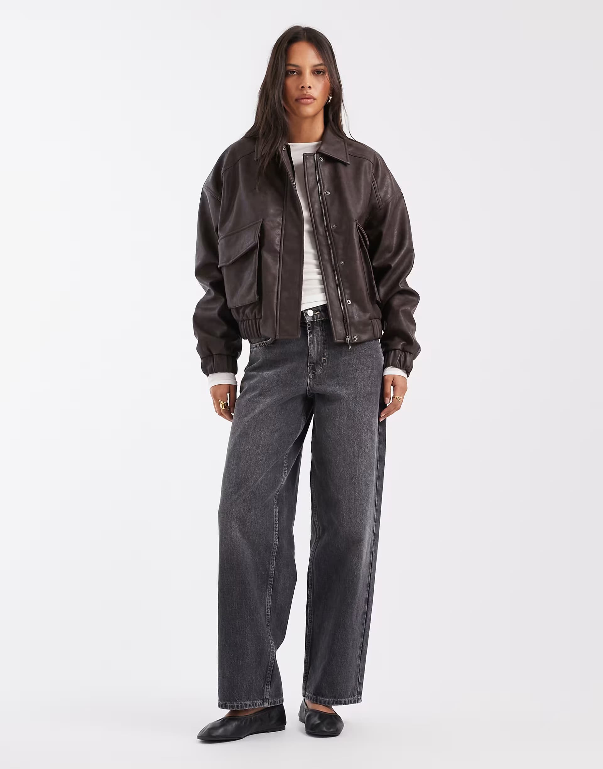 ASOS Pieces faux leather pocket detail bomber jacket in chocolate brown