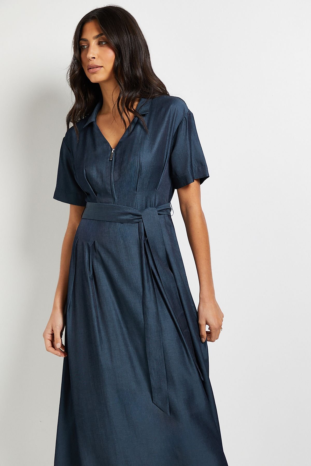 Wallis Wallis Women's Denim Look Zip Belted Midi Dress in Indigo - 4