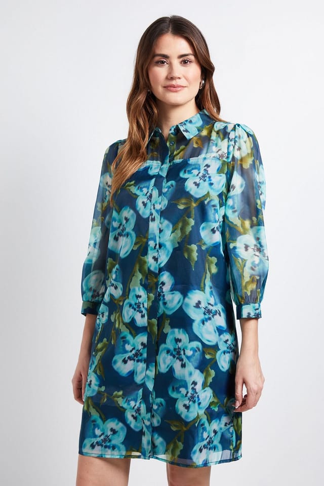 Wallis Wallis Women's Floral Organza Button Shift Dress in Green - 2
