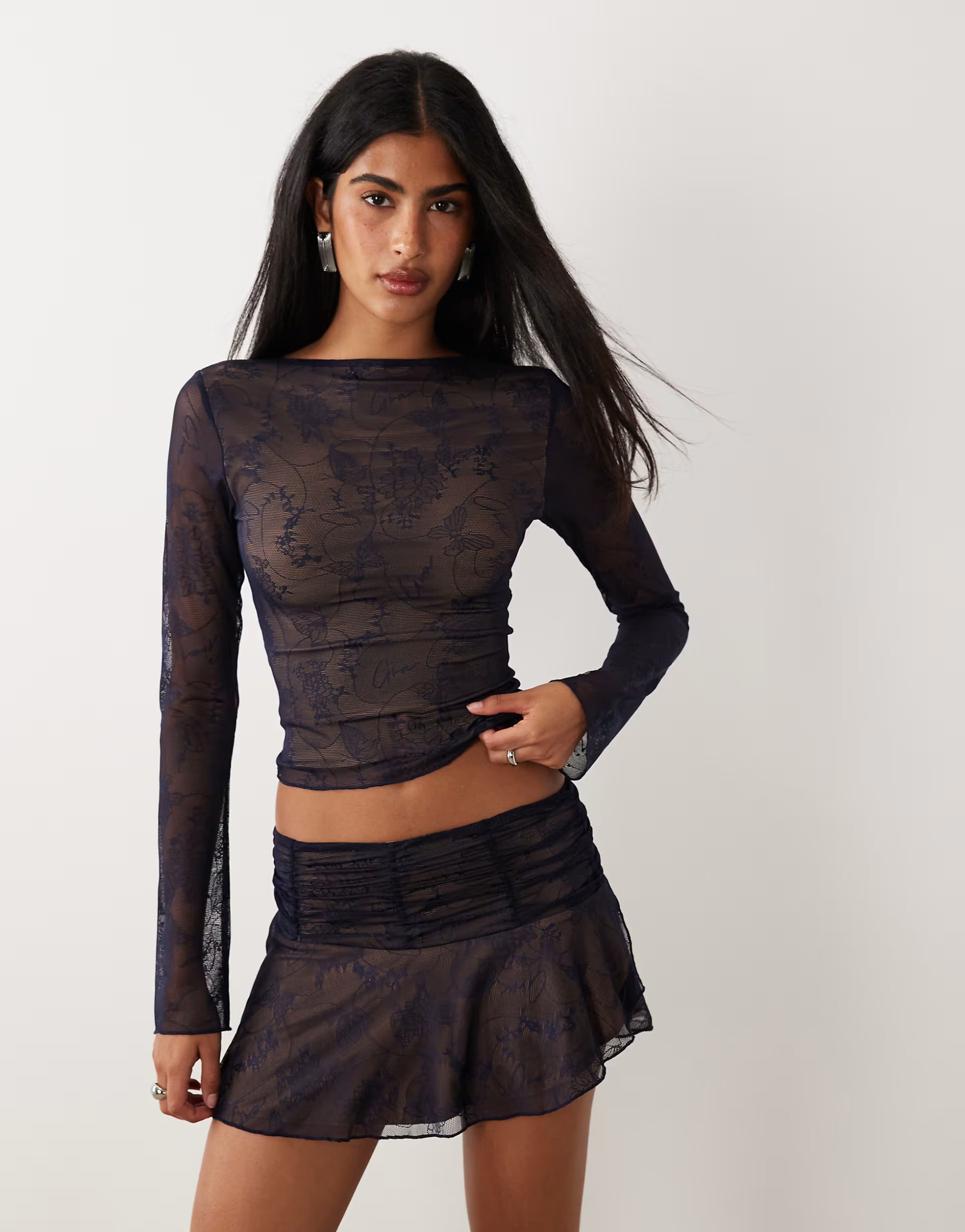 ASOS I.AM.GIA Yvette butterfly pattern lace ruched waist wrap mini skirt co-ord in navy - 1