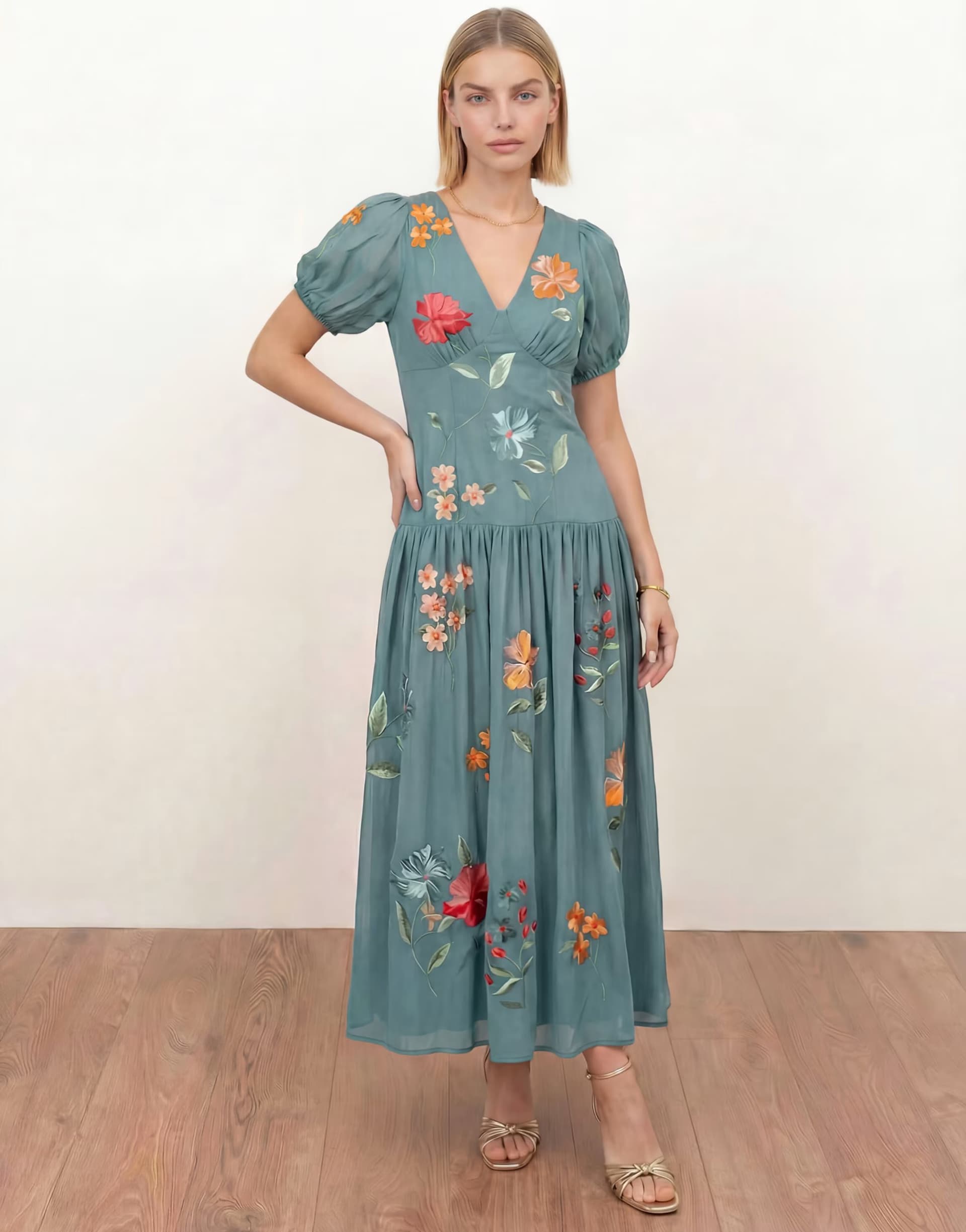 ASOS Maya Floral embroidered dropped waist midaxi dress in turquoise