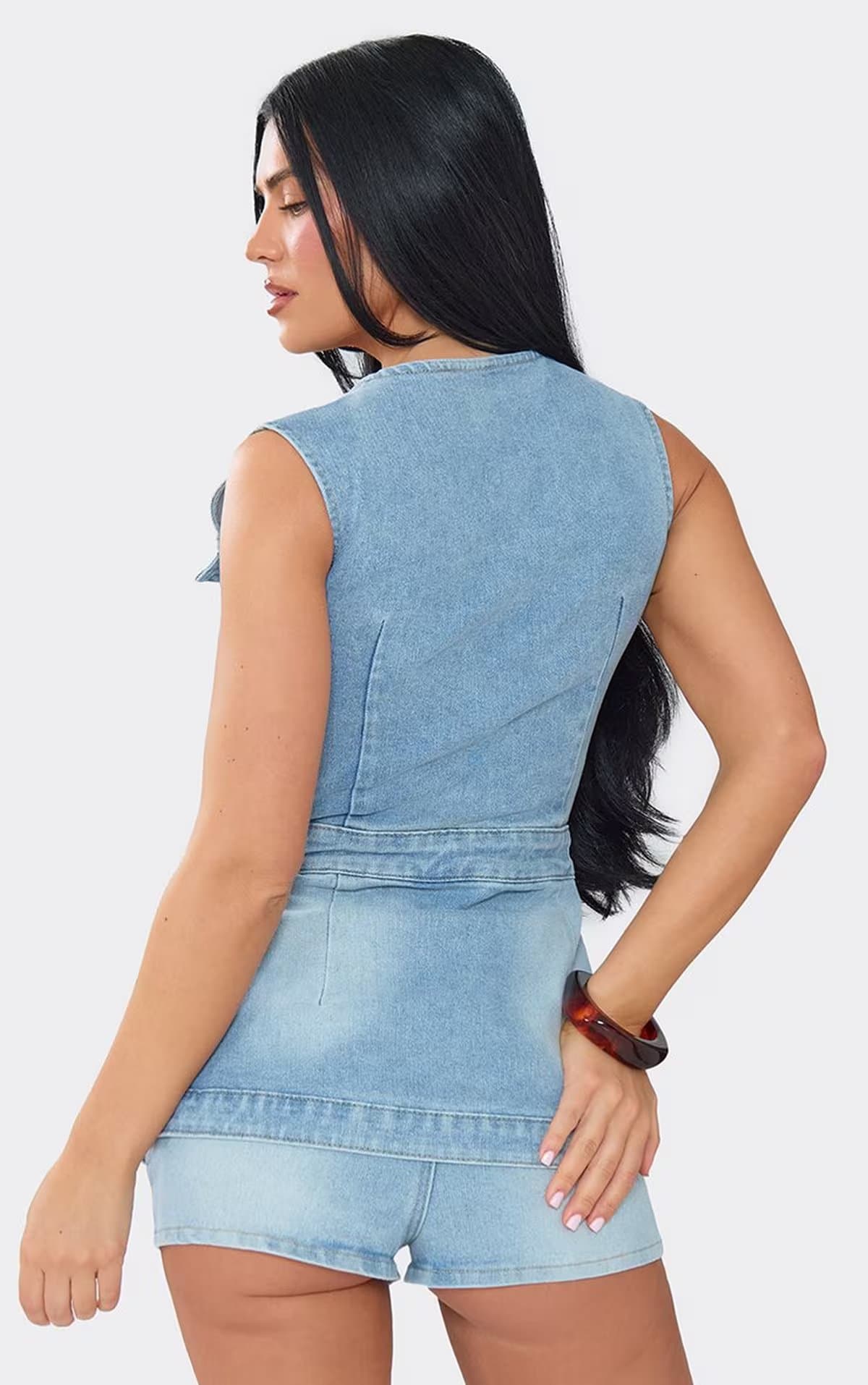 EGO Sleeveless Button Down Split Front Top In Light Blue Denim, Women's Size UK 6