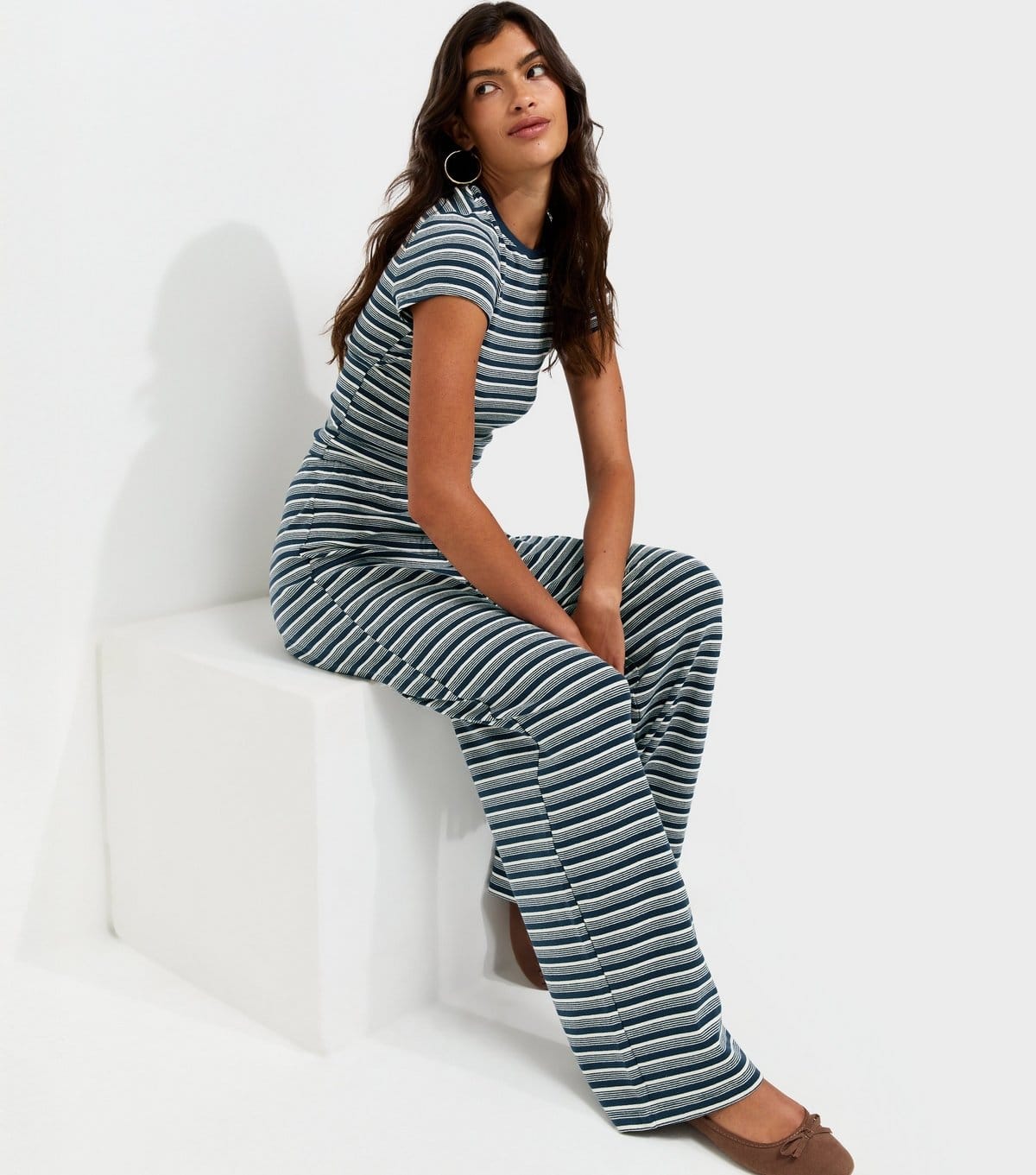New Look Blue Stripe Pattern Wide Leg Trousers