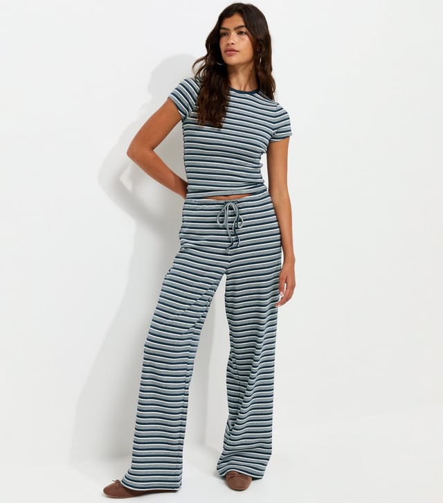 New Look Women's Blue Cotton Rich Stripe Pattern Wide Leg Drawstring Trousers New Look - 2
