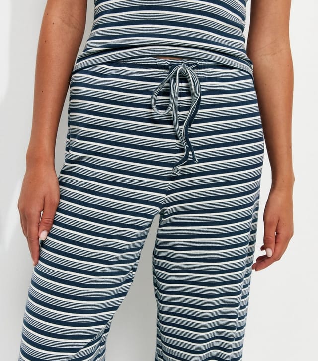 New Look Women's Blue Cotton Rich Stripe Pattern Wide Leg Drawstring Trousers New Look - 3