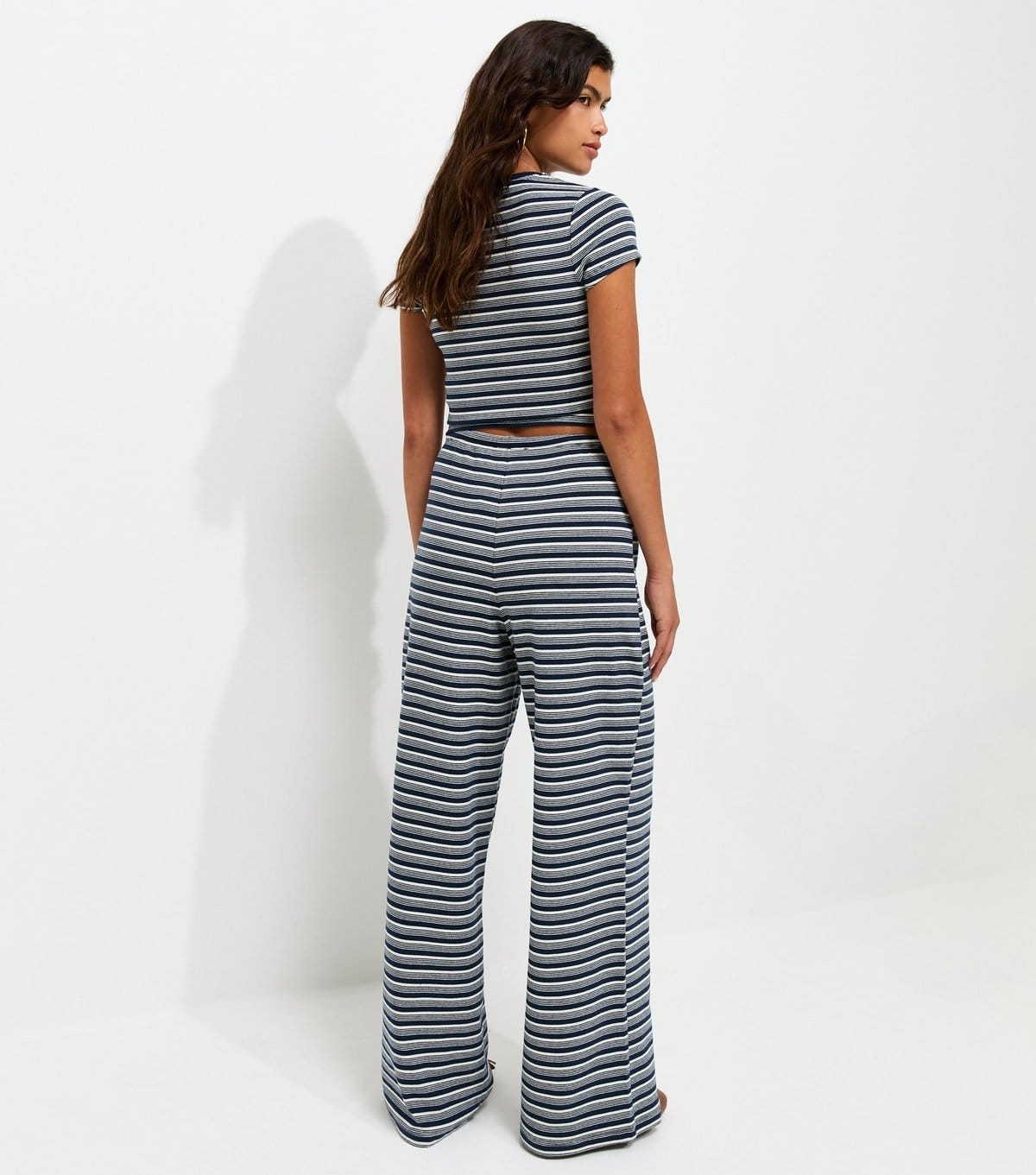 New Look Women's Blue Cotton Rich Stripe Pattern Wide Leg Drawstring Trousers New Look - 4
