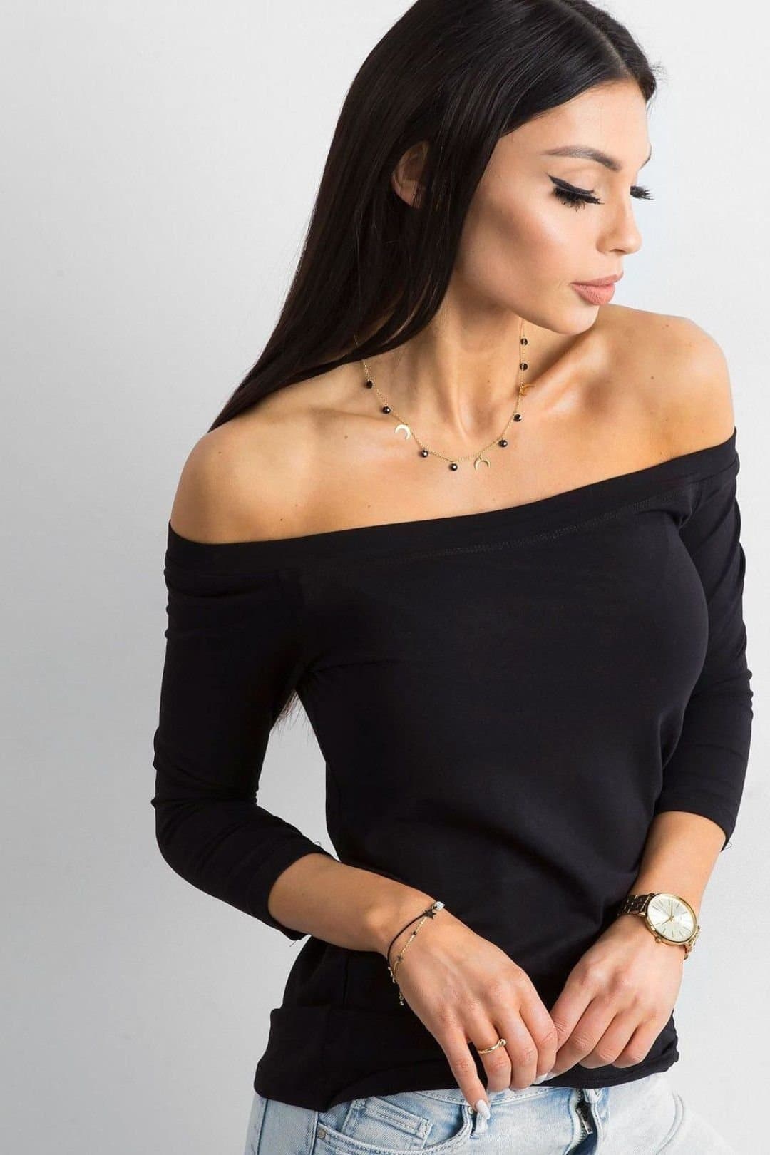 Love Lace Love Lace Black Off-Shoulder Blouse with 3/4 Sleeves