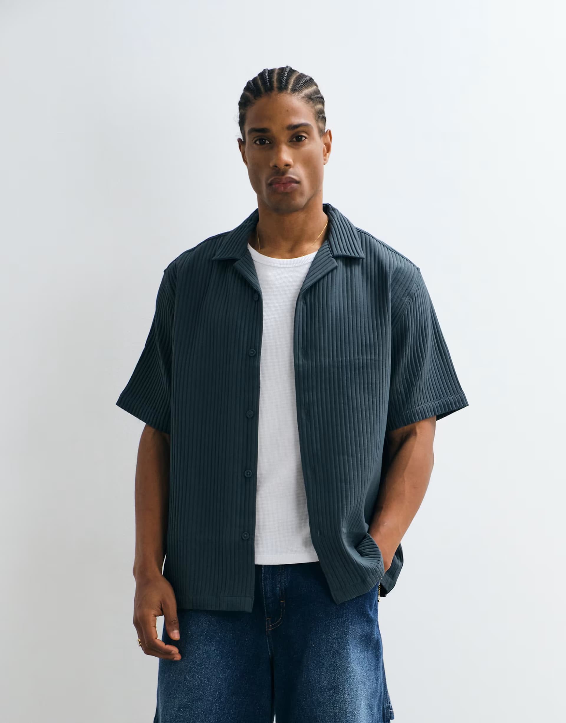 ASOS ASOS DESIGN relaxed revere plisse shirt in dark blue