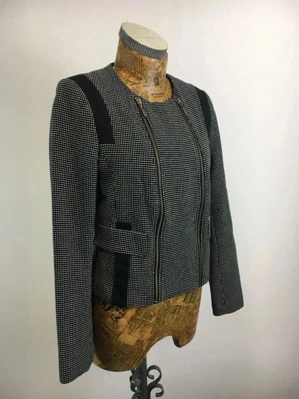 Next Next Blazer Jacket 10 fitted black white  biker Plain Weave Zip Up Round Neck Midi Smart