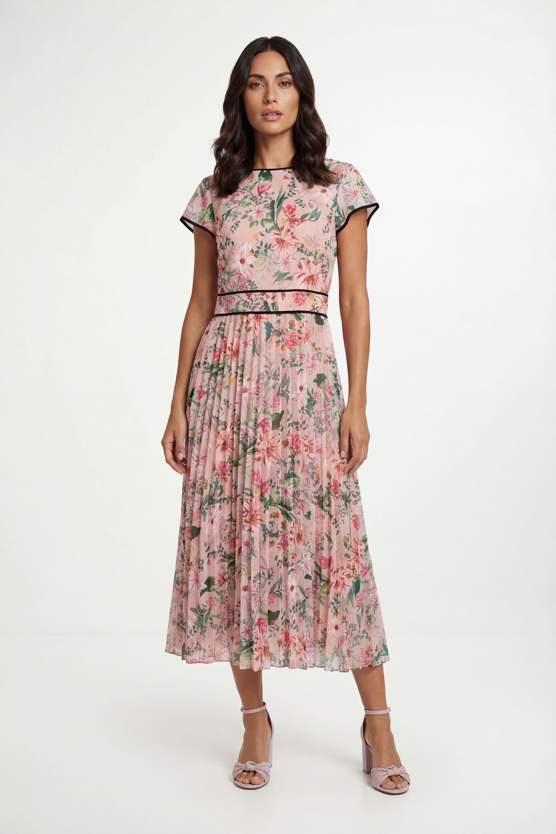 Wallis Wallis Women's Floral Contrast Pleated Midi Dress in Blush