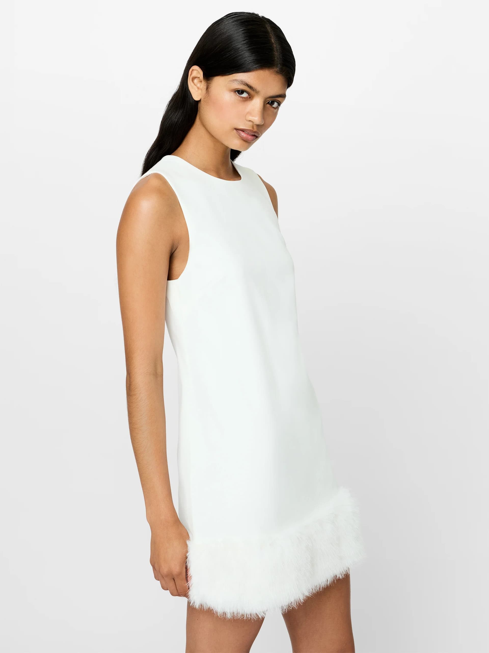 French Connection Whisper White Faux Fur Hem Sleeveless Mini Dress Winter White