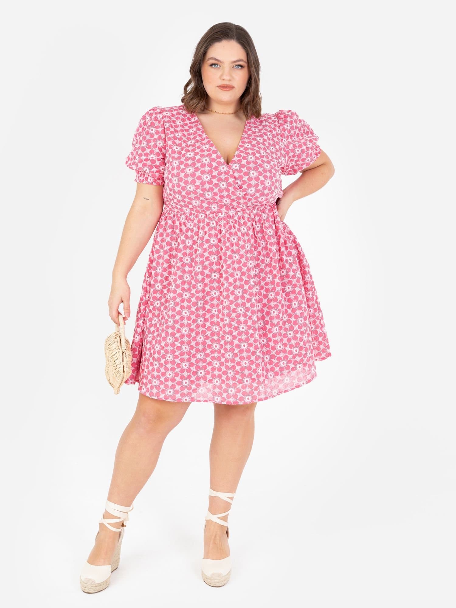 Lovedrobe Lovedrobe Women's Embroidered Short Sleeve Faux Wrap Mini Dress in Pink