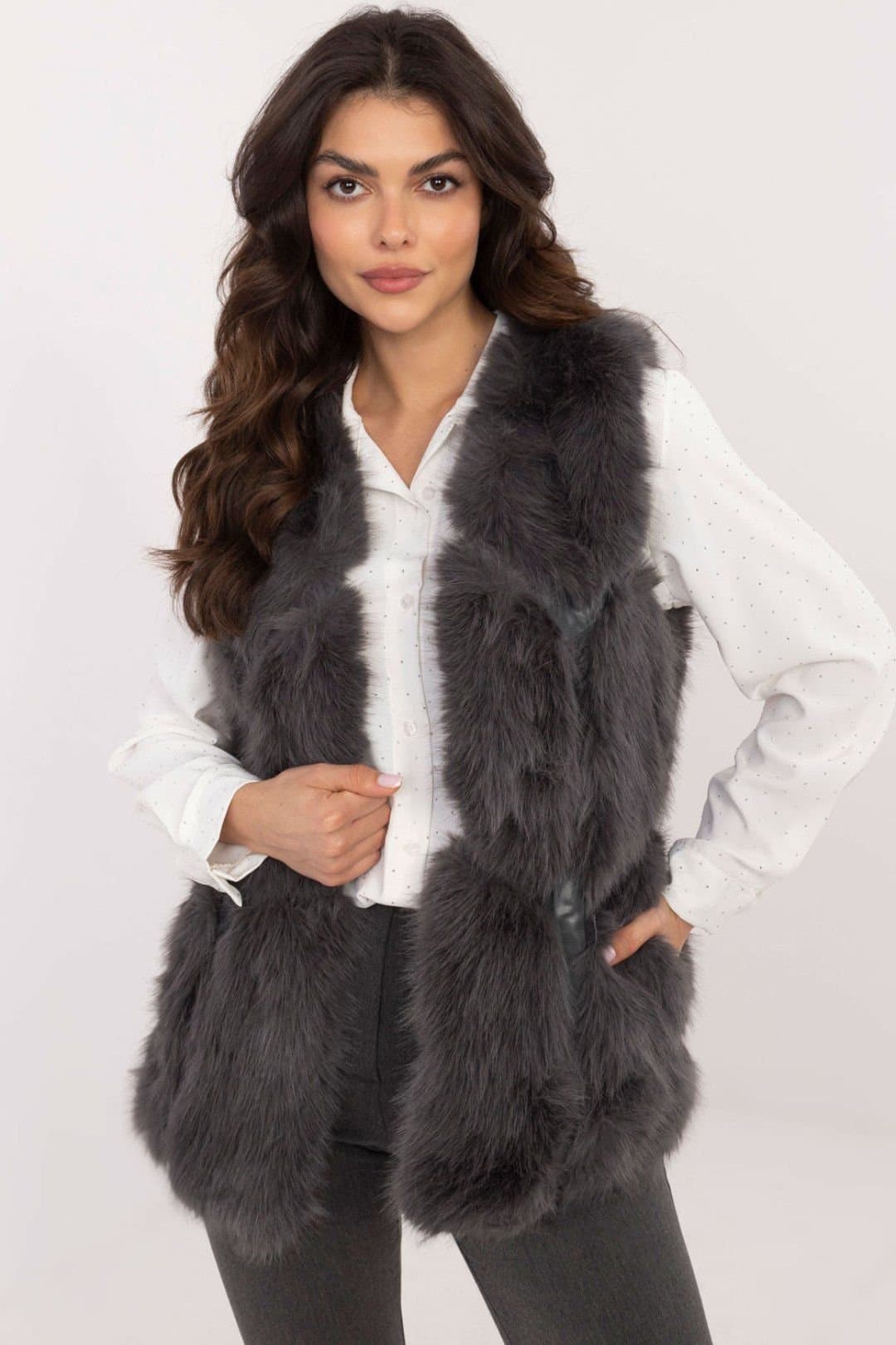 Love Lace Love Lace Women's Faux Fur Slip Pocket Vest with Lined Comfort in Grey