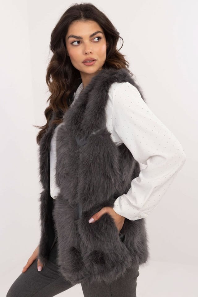 Love Lace Love Lace Women's Faux Fur Slip Pocket Vest with Lined Comfort in Grey - 2