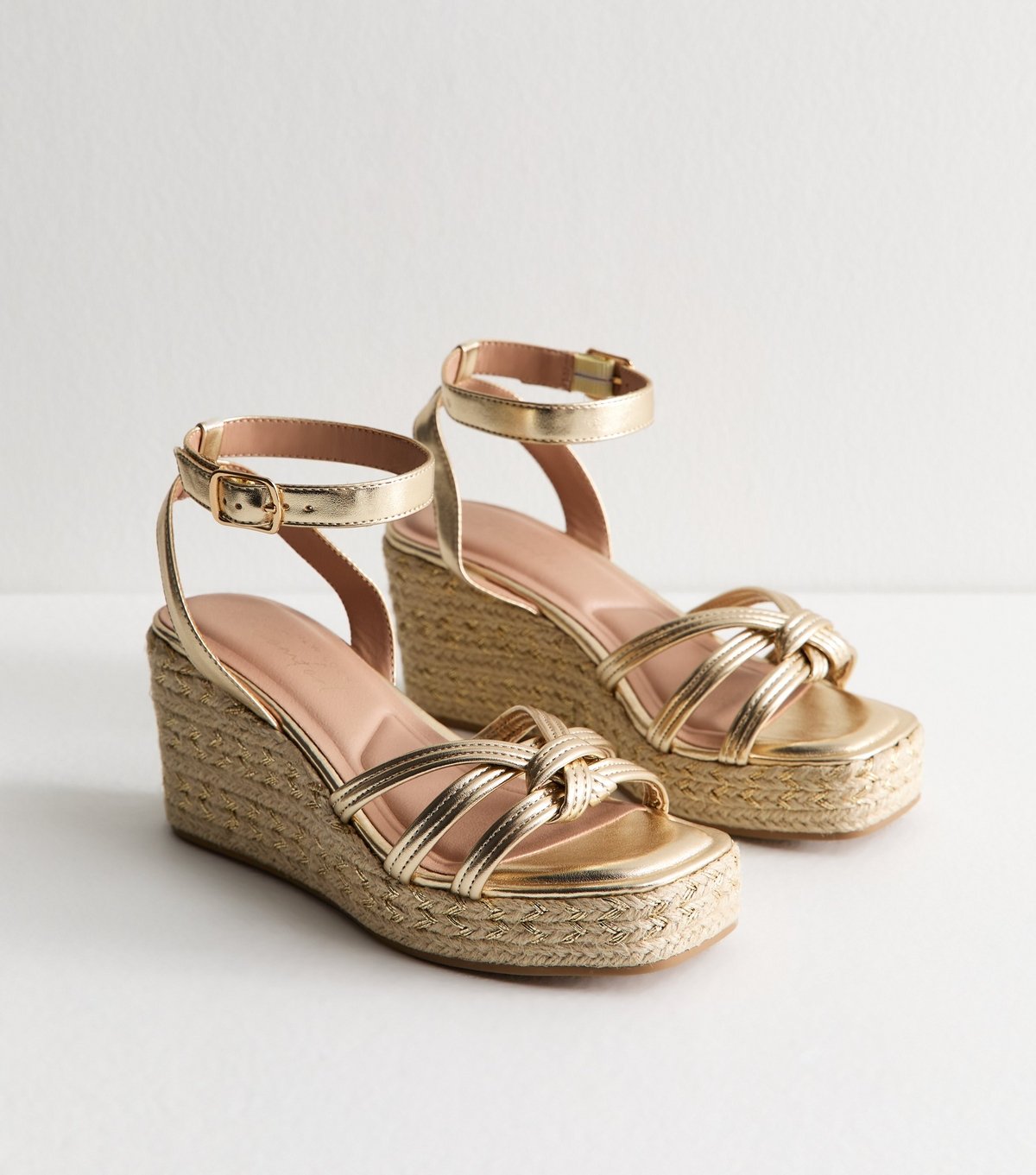 New Look Women's Wide Fit Gold Faux Leather Knot Wedge Sandals Vegan New Look - 3