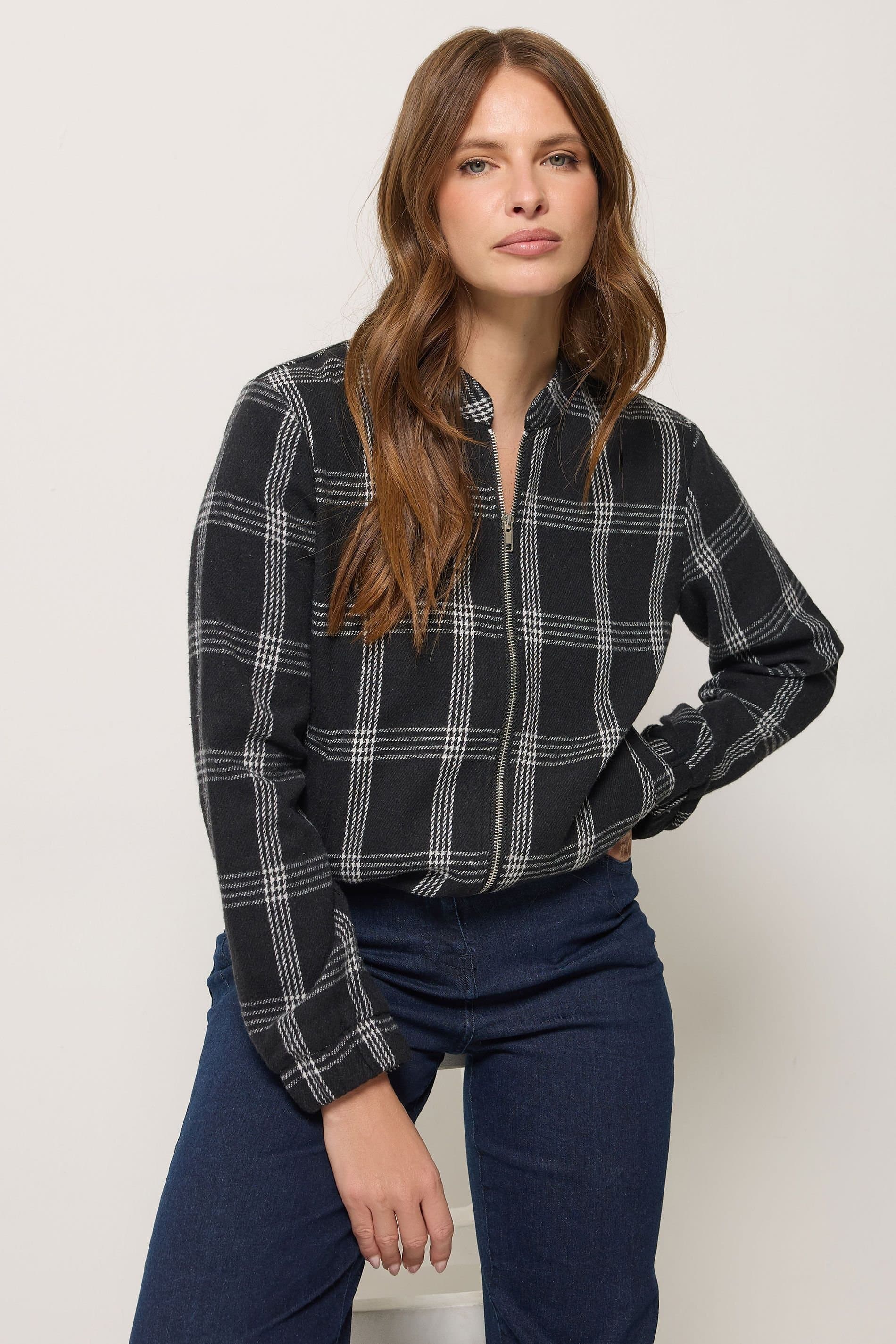 M&Co M&Co Women's Check Zip Through Jacket in Black