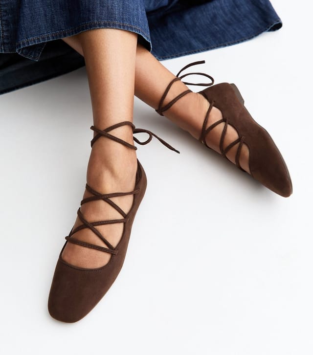 New Look Women's Brown Faux Suede Lace Up Ballet Pumps Vegan New Look - 2
