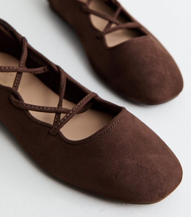 New Look Women's Brown Faux Suede Lace Up Ballet Pumps Vegan New Look - 3