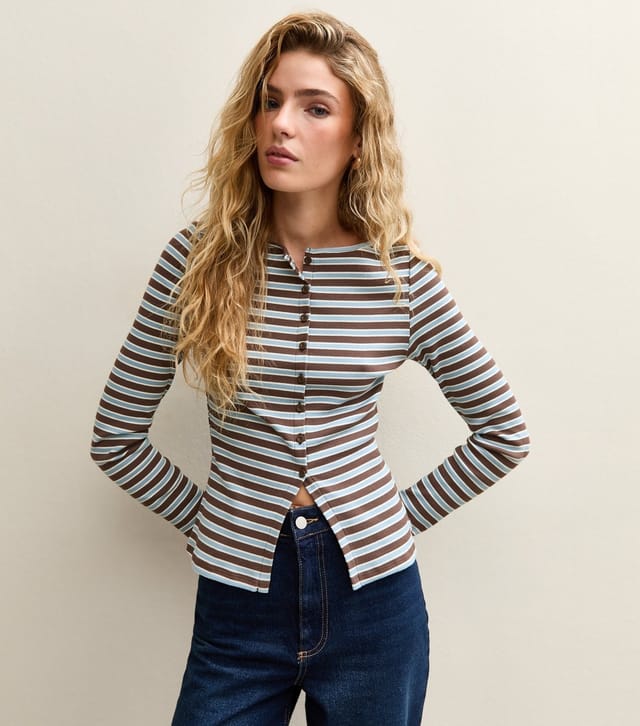 New Look Women's Blue Striped Crew Neck Cardigan New Look - 3