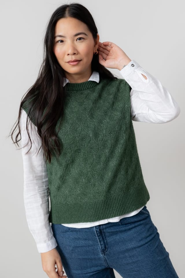 Lily & Me Lily & Me Women's Wallace Crew Neck Capped Sleeve Pointelle Knit Tank Top in Dark Green - 2