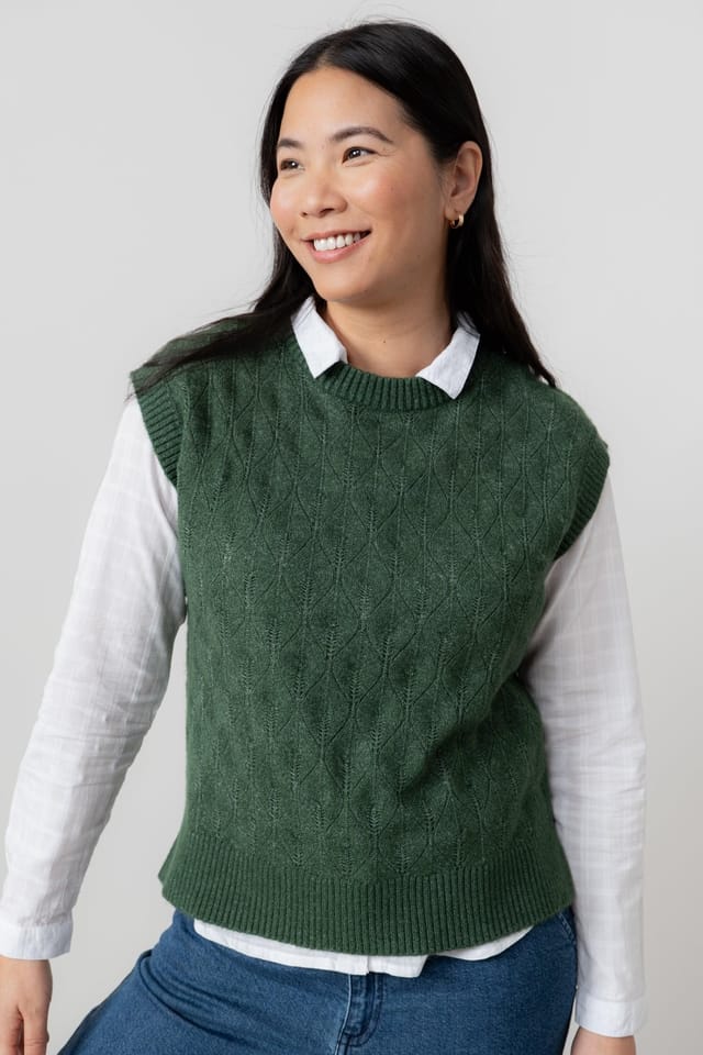 Lily & Me Lily & Me Women's Wallace Crew Neck Capped Sleeve Pointelle Knit Tank Top in Dark Green - 3