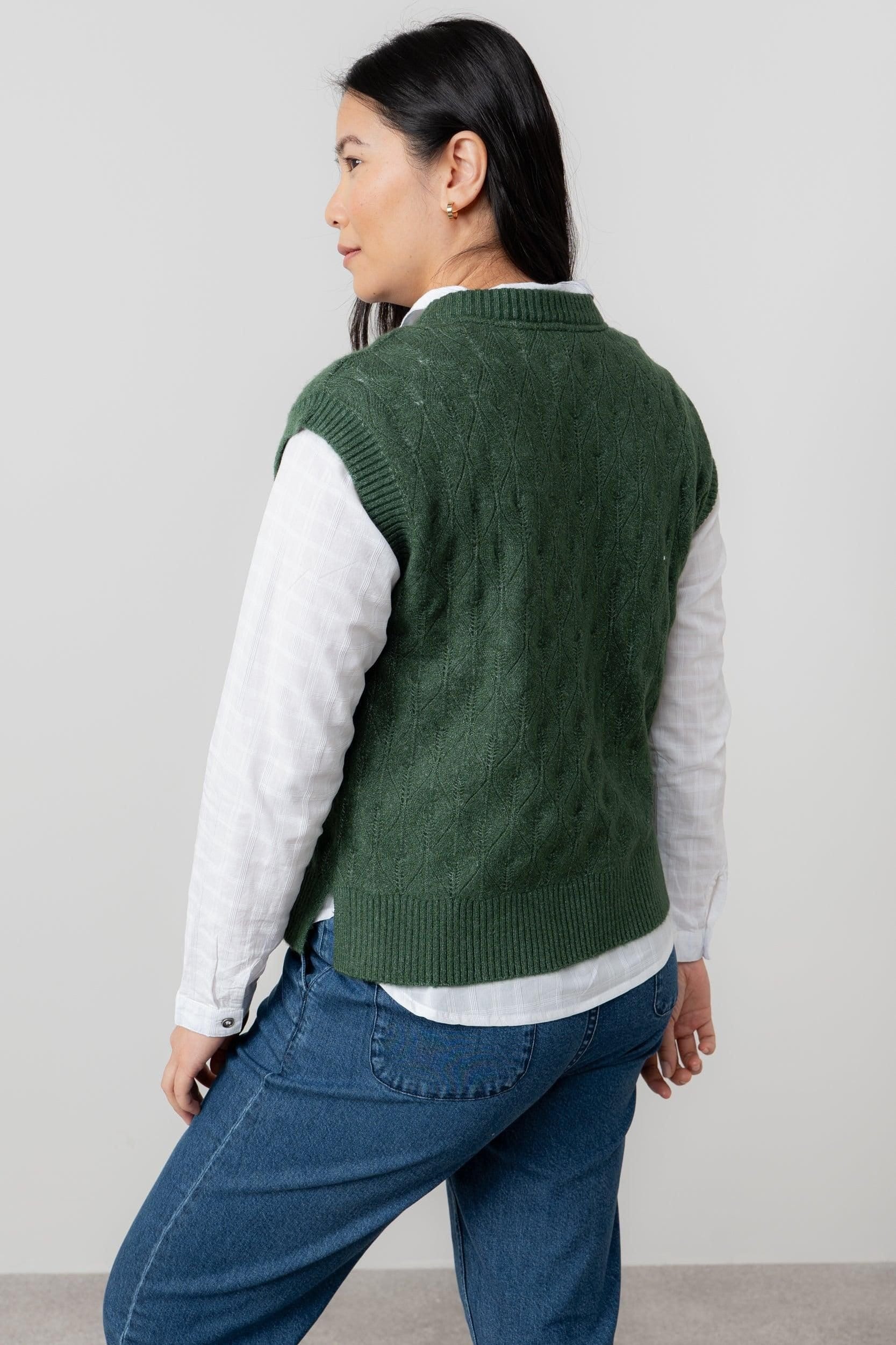 Lily & Me Lily & Me Women's Wallace Crew Neck Capped Sleeve Pointelle Knit Tank Top in Dark Green - 4
